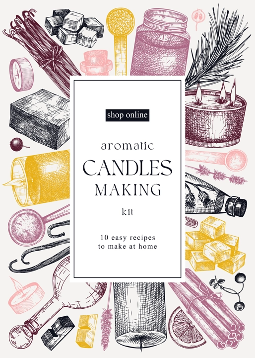 Scented candles card or flyer design. Hand-sketched aromatic materials and natural ingredients for candle making, cosmetics, perfumery. Great template for branding, packaging, identity, web banners.